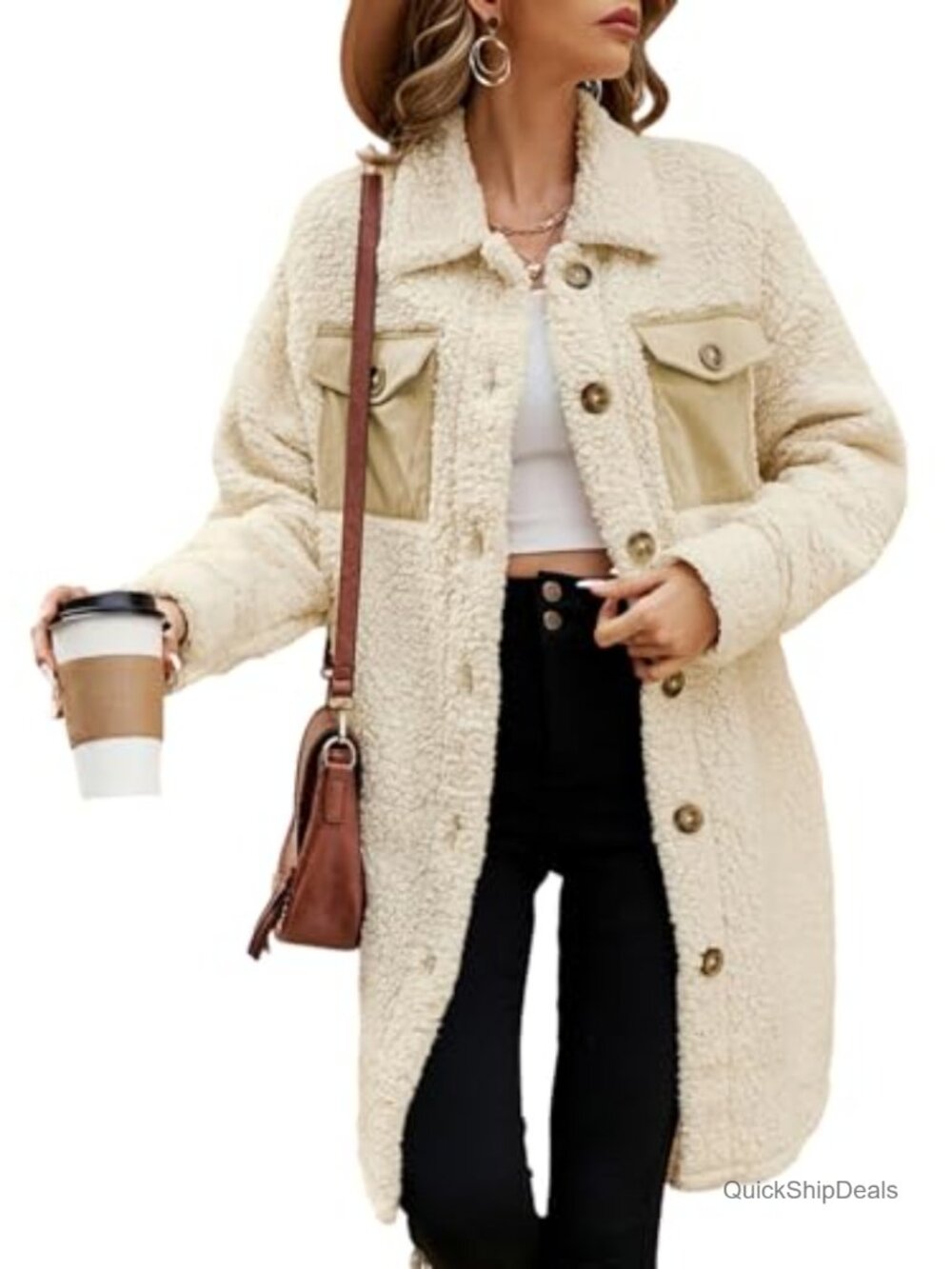 Fuzzy Fleece Faux Fur Teddy Coat Button Down Long Winter Jacket